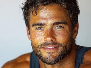 Obraz premium A close-up portrait of a smiling man with a rugged appearance.