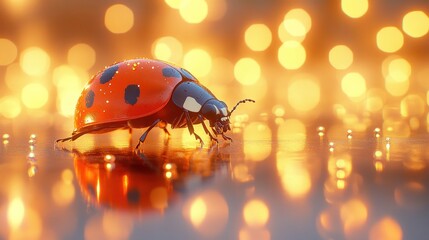 Ladybug walking on reflective surface, golden bokeh background, nature, macro photography