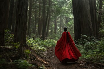 Naklejka premium Woman in red cloak walks forest path. Illustrates mystery, journey, or fairytale themes.