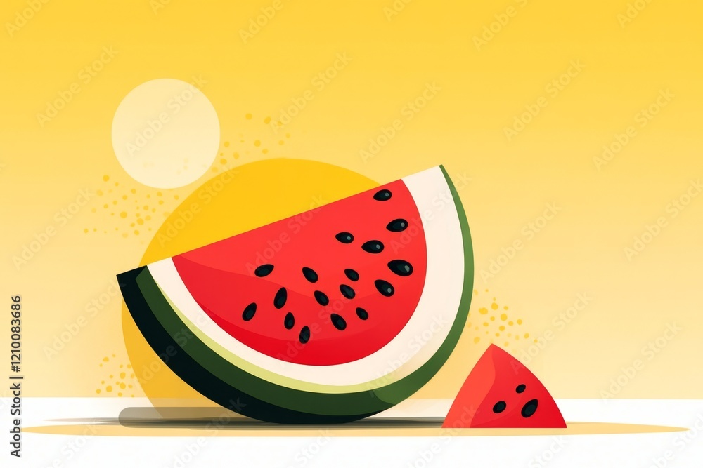 Poster a simple representation of a slice of watermelon with bold colors and geometric patterns, set agains