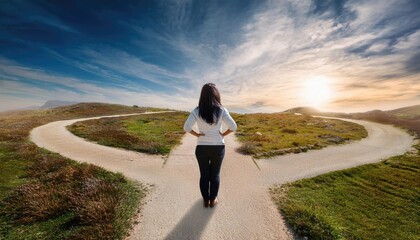 person standing at a literal intersection or forked path, symbolizing decision-making and life choices