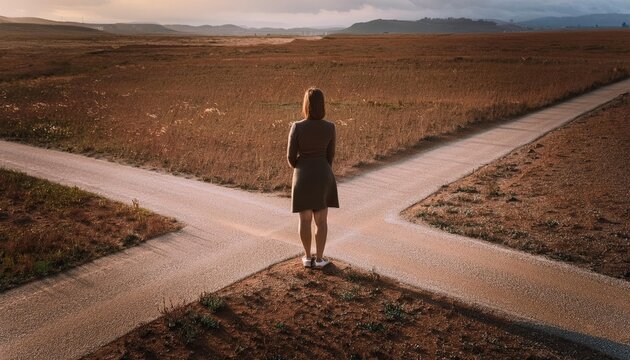 person standing at a literal intersection or forked path, symbolizing decision-making and life choices