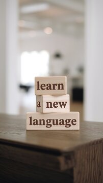 Three wooden blocks stacked on a dark surface read "Learn a new Language" in serif font. A blurred bright background emphasizes the clean, motivational theme of language learning and personal growth.
