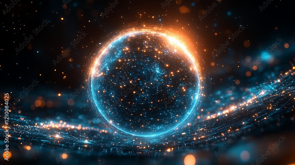 Poster celestial orb: a mesmerizing abstract image depicting a glowing sphere enveloped in shimmering parti
