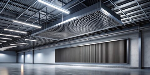 Obraz premium Modern Industrial Interior Design A Spacious Room with Exposed Metalwork, Sleek Lighting, and a Polished Concrete Floor