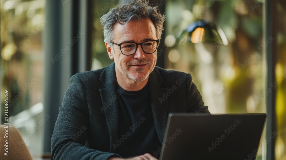 Fototapete elegant workspace with a man enjoying productive time while working on a laptop in a cozy atmosphere