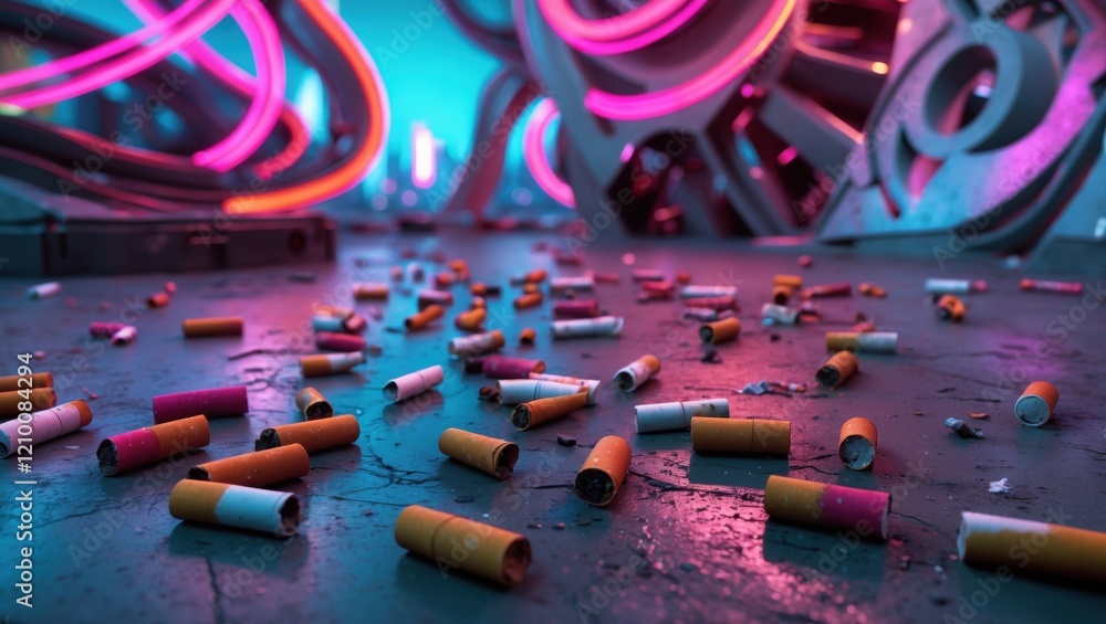 Poster a vibrant digital scene featuring colorful discarded objects scattered on a textured surface, illumi