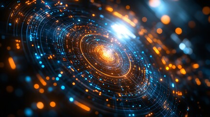Obraz premium Abstract Tech Concentric Circles: Intricate concentric circles glow with vibrant orange and blue energy, creating an abstract, futuristic, and technologically advanced visual.