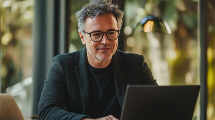 Elegant workspace with a man enjoying productive time while working on a laptop in a cozy atmosphere
