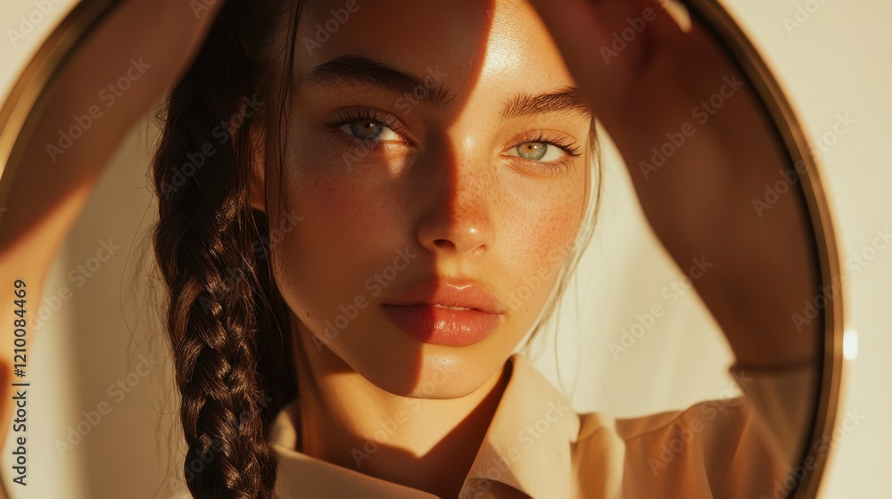 Poster close-up view of a young person reflecting on life while holding a round mirror in warm light creati
