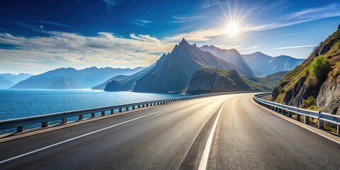Asphalt Road Winding Through a Picturesque Mountain Landscape by a Serene Ocean Under a Bright Sunny Sky