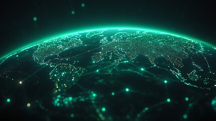 Obraz premium Interconnected World: A mesmerizing digital rendering of Earth, illuminated with glowing green lines representing global connectivity. The continents and oceans emerge from the darkness.