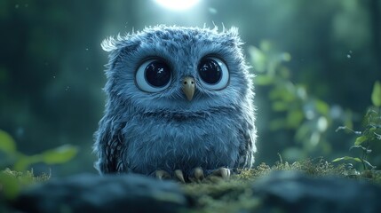 Cute baby owl forest night digital art illustration