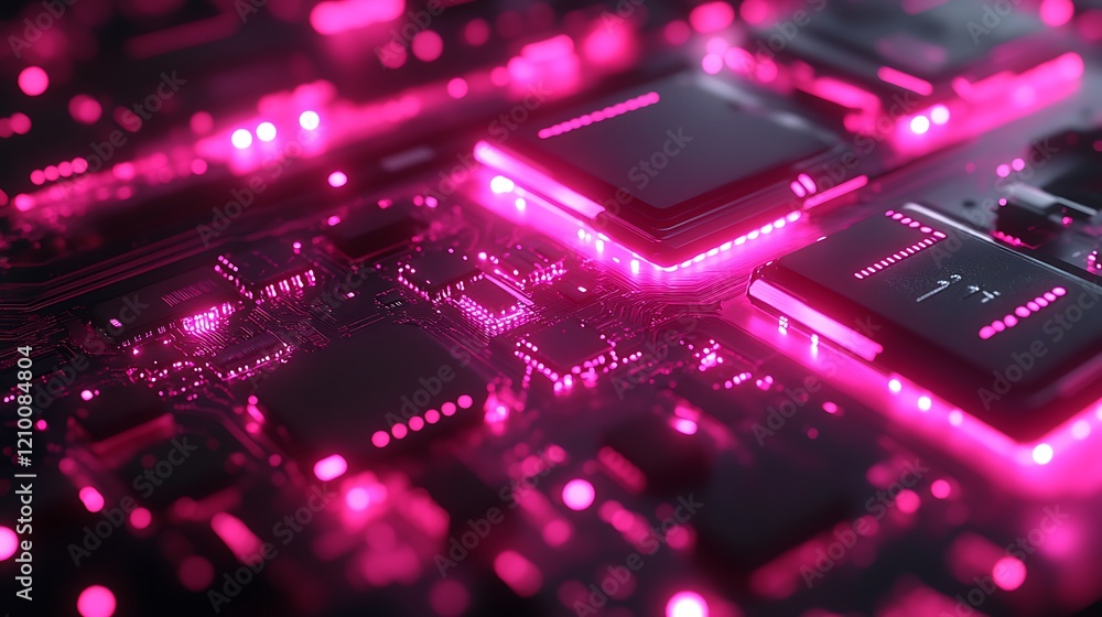 Poster neon circuit board: abstract close-up of a circuit board with vibrant pink neon lighting highlightin