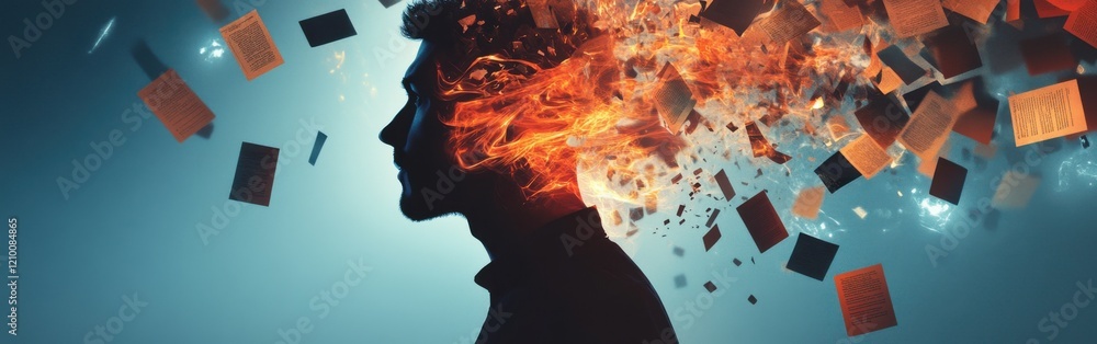 Poster man radiating light with books and flames symbolizing creativity and knowledge in a surreal setting
