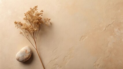 Serene Minimalist Composition Featuring Dried Flowers and a Smooth Stone on a Textured Beige Surface