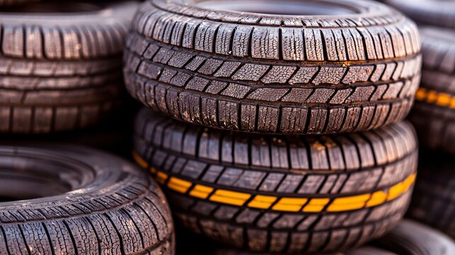 Recycling and storing used tires automobile industry product photography urban environment close-up view sustainability concept