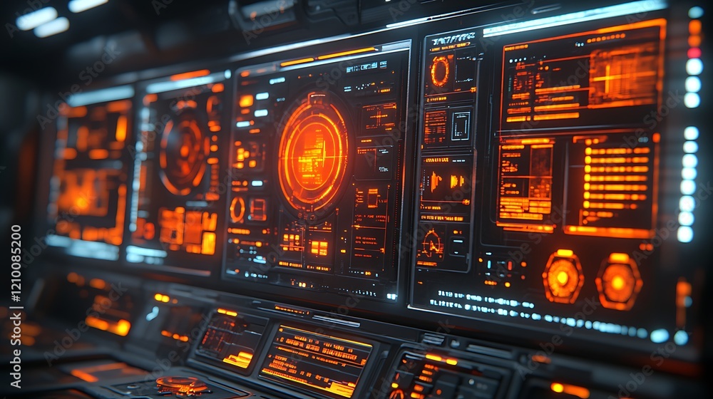 Poster cyberpunk control panel: immersive view of a futuristic control panel with glowing orange and blue i