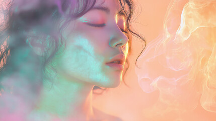  Ethereal portrait of a woman surrounded by pastel-colored mist