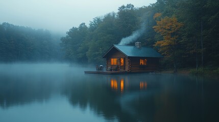 Fototapeta premium Misty lake cabin, autumn woods, warm lights, tranquil scene, vacation rental