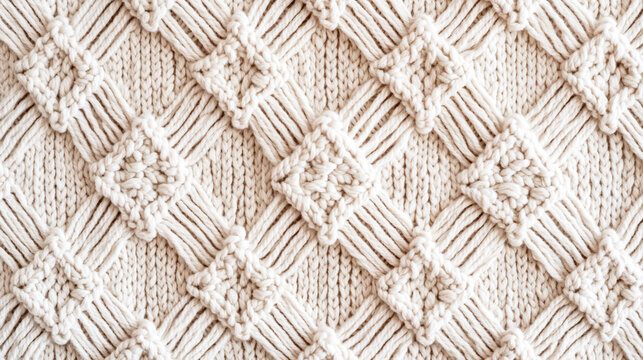 A detailed macrame pattern with symmetrical diamond shapes, all in a cream color against an off-white background.