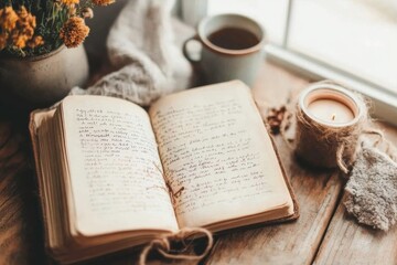 A handwritten journal left open on a wooden table, with tearstains smudging the ink