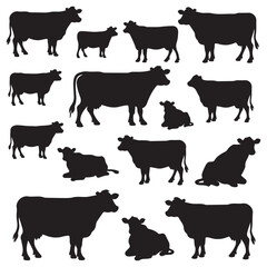 Set of Texas longhorn cow silhouettes in various poses. isolated vector on white background.