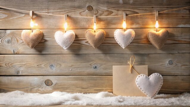 Warm-toned fabric hearts illuminated by string lights against rustic wooden backdrop with a blank card and faux snow