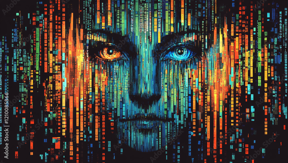 Poster a digital art piece featuring a robot face made of vertical lines and data streams.