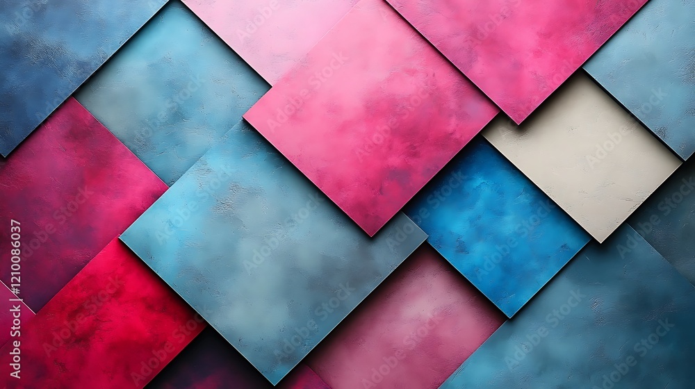 Poster abstract geometric pattern: vibrant hues of pink, blue, and off-white in a dynamic overlapping diamo