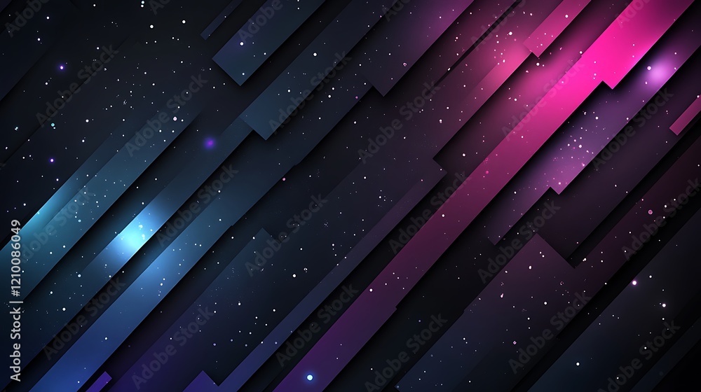 Poster cosmic geometry: abstract art featuring vibrant pink and blue geometric shapes layered against a dar