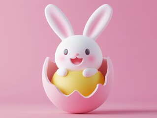 Fototapeta premium Easter Bunny in Egg: An adorable, cartoon-style white bunny rabbit happily emerges from a cracked pink egg, radiating springtime cheer against a soft pink background. Perfect for Easter cards.