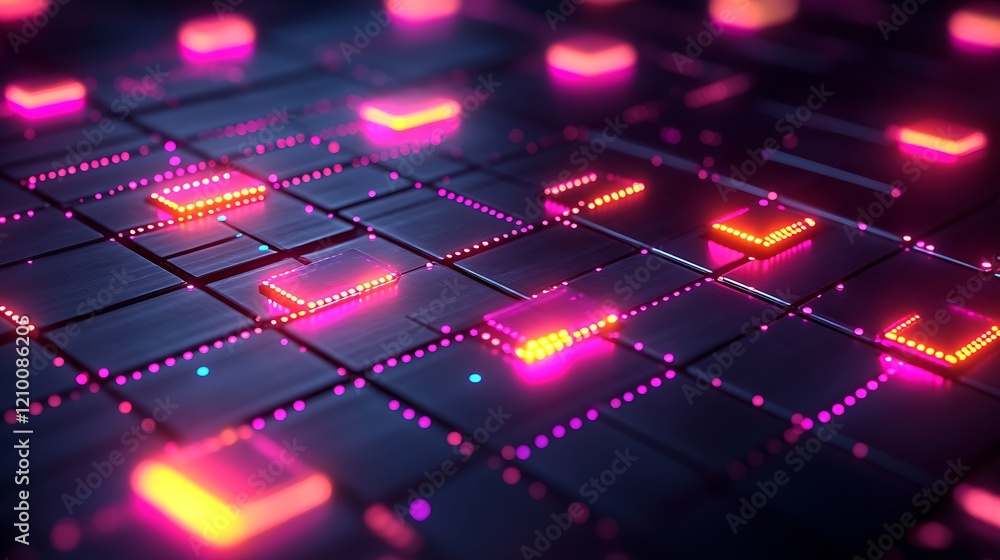 Poster neon grid: abstract digital art featuring a futuristic grid of glowing neon pink and orange cubes, c