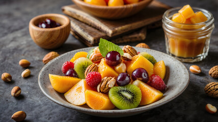 Fresh appetizing fruit salad with nuts on decorative plate