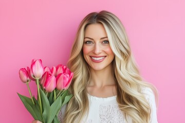 Fototapeta premium Portrait of cheerful young lady with romantic spring bouquet of tulips over pink studio background. Gorgeous blonde enjoying Woman's Day celebration, receiving flowers as special gift