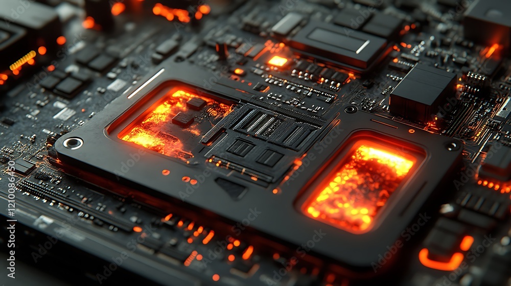Poster the heart of the machine: a close-up view of a high-performance cpu glowing with vibrant orange ligh