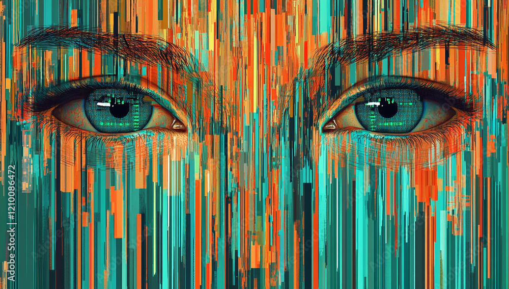 Poster a digital art piece featuring a robot face made of vertical lines and data streams.