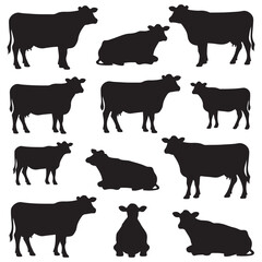 Set of Texas longhorn cow silhouettes in various poses. isolated vector on white background.