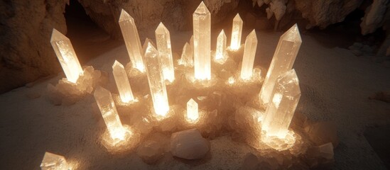 Illuminated crystals in cave, fantasy background, game asset