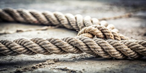 Fototapeta premium Thick weathered rope lies coiled on a textured surface, showing a knot and the details of its worn fibers.