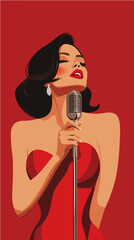 Illustration of a beautiful woman singer. Woman with a microphone. Beautiful Girl.