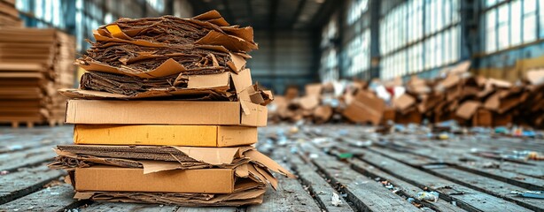Cardboard waste management industrial warehouse photography recycling environment close-up view sustainable practices