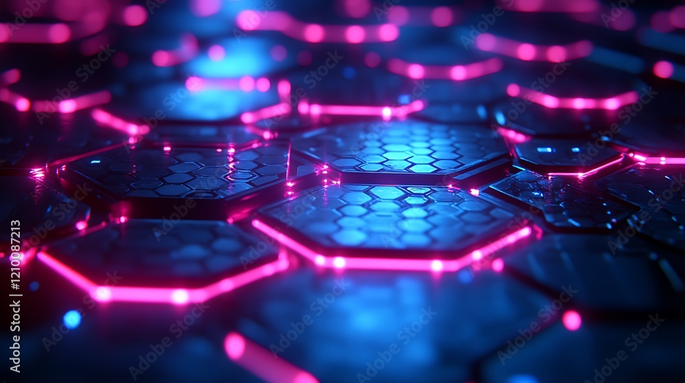 Poster abstract hexagon grid: a mesmerizing abstract grid of glowing hexagons with neon blue and pink light