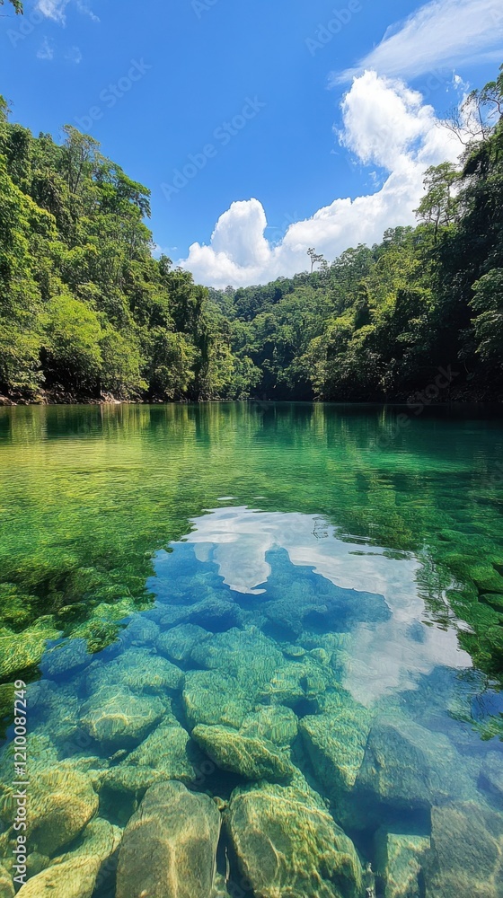 Poster crystal-clear lake nestled in a lush forest with vibrant reflections of the sky and dense greenery