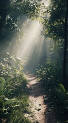 Obraz premium Narrow hiking trail winds through a vibrant forest with sunlight filtering through the trees