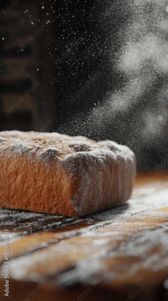 Poster rustic loaf of bread resting on a wooden table surrounded by flour dust