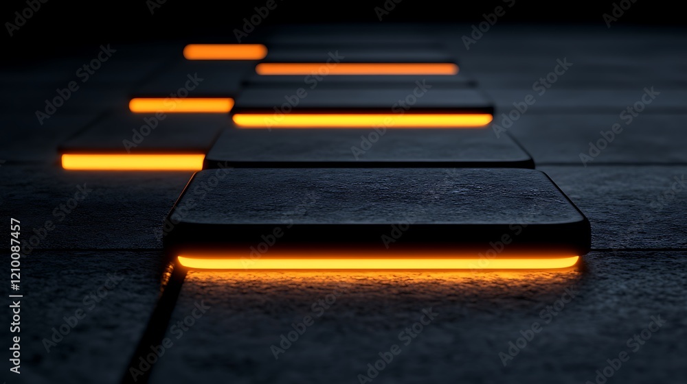 Aufkleber illuminated pathway: abstract image of glowing orange lines on dark gray blocks, creating a sense of