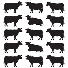 Set of Texas longhorn cow silhouettes in various poses. isolated vector on white background.