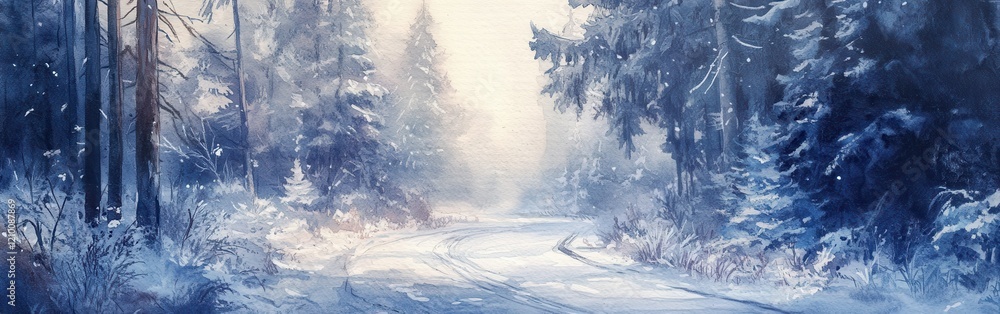 Poster snowy winding road through a serene forest illuminated by soft light