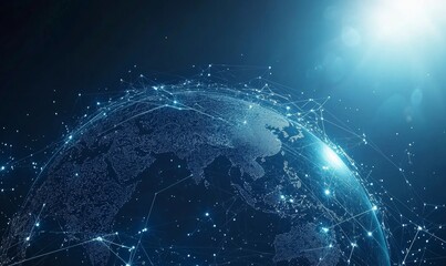 Obraz premium Global International Connectivity Background, Connection lines Around Earth Globe, Futuristic Technology Theme Background with Light Effect, Generative AI